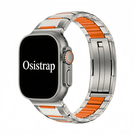 Osistrap Premium Silver-Orange Two-Tone Stainless Steel Silicone Inlaid Watch Band, Rugged Sport Metal Link Bracelet for Men, Compatible With Apple Watch 38/40/41/42/44/45/46/49mm Series 1-11, SE & Ultra