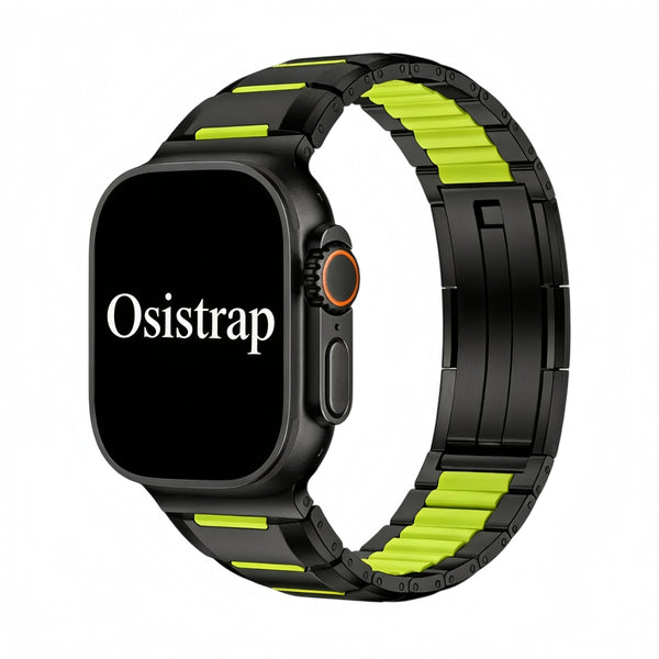 Osistrap Premium Black-Green Two-Tone Stainless Steel Silicone Inlaid Watch Band, Rugged Sport Metal Link Bracelet for Men, Compatible With Apple Watch 38/40/41/42/44/45/46/49mm Series 1-11, SE & Ultra