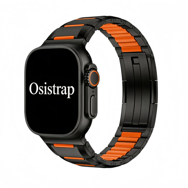 Osistrap Premium Black-Orange Two-Tone Stainless Steel Silicone Inlaid Watch Band, Rugged Sport Metal Link Bracelet for Men, Compatible With Apple Watch 38/40/41/42/44/45/46/49mm Series 1-11, SE & Ultra