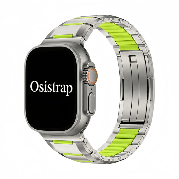 Osistrap Premium Silver-Green Two-Tone Stainless Steel Silicone Inlaid Watch Band, Rugged Sport Metal Link Bracelet for Men, Compatible With Apple Watch 38/40/41/42/44/45/46/49mm Series 1-11, SE & Ultra