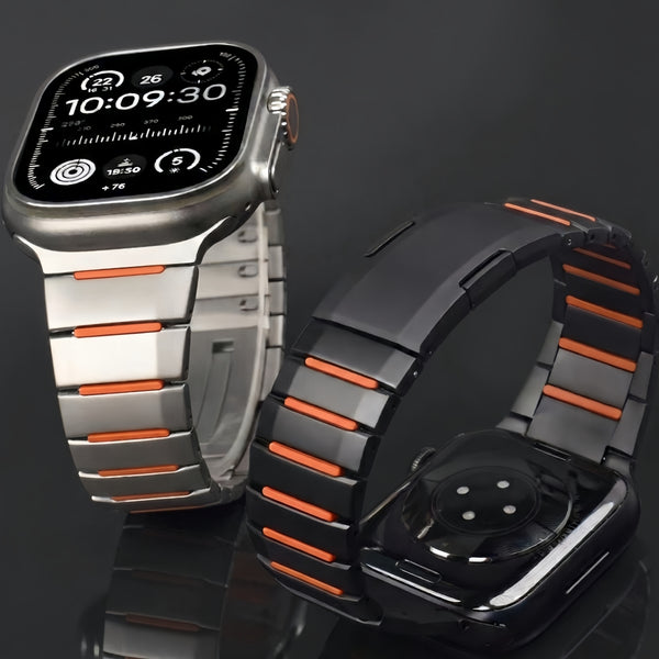 Osistrap Premium Black-Orange Two-Tone Stainless Steel Silicone Inlaid Watch Band, Rugged Sport Metal Link Bracelet for Men, Compatible With Apple Watch 38/40/41/42/44/45/46/49mm Series 1-11, SE & Ultra