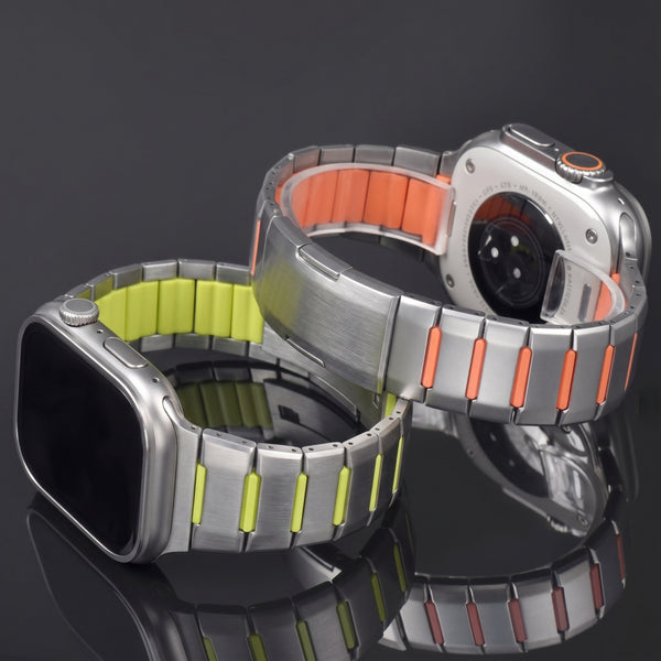 Osistrap Premium Silver-Green Two-Tone Stainless Steel Silicone Inlaid Watch Band, Rugged Sport Metal Link Bracelet for Men, Compatible With Apple Watch 38/40/41/42/44/45/46/49mm Series 1-11, SE & Ultra
