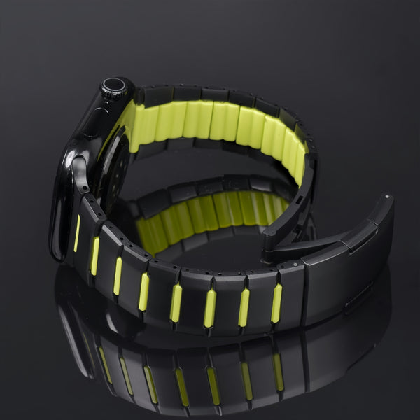 Osistrap Premium Black-Green Two-Tone Stainless Steel Silicone Inlaid Watch Band, Rugged Sport Metal Link Bracelet for Men, Compatible With Apple Watch 38/40/41/42/44/45/46/49mm Series 1-11, SE & Ultra