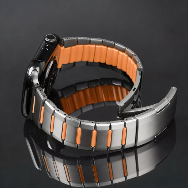Osistrap Premium Silver-Orange Two-Tone Stainless Steel Silicone Inlaid Watch Band, Rugged Sport Metal Link Bracelet for Men, Compatible With Apple Watch 38/40/41/42/44/45/46/49mm Series 1-11, SE & Ultra