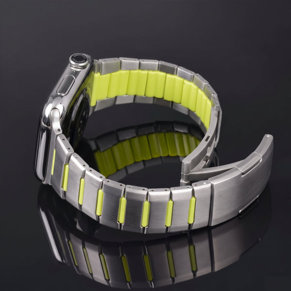 Osistrap Premium Silver-Green Two-Tone Stainless Steel Silicone Inlaid Watch Band, Rugged Sport Metal Link Bracelet for Men, Compatible With Apple Watch 38/40/41/42/44/45/46/49mm Series 1-11, SE & Ultra
